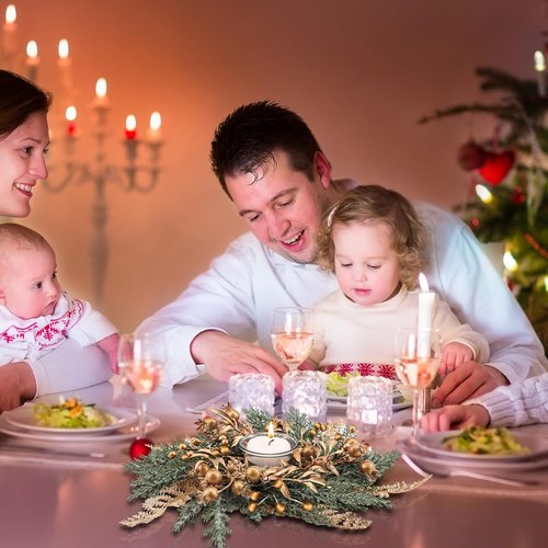 Cindeer Christmas Candle Rings - 6 Pcs Gold Wreaths with Artificial Berries | 8.4 Inch Centerpiece Decor