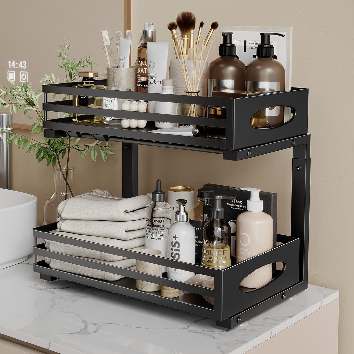 Under Sink Organizer - Skiennix 2-Tier Adjustable Storage Solution | Pull-Out Metal Drawer for Kitchen & Bathroom (Black)