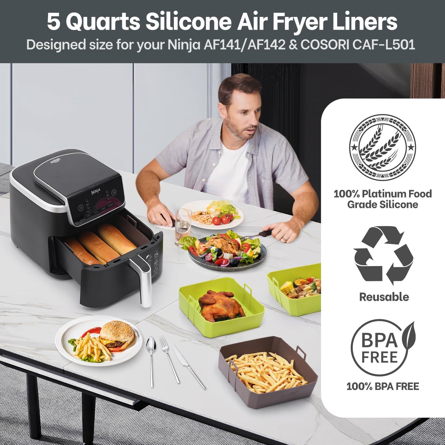 NEWITEE 5QT Air Fryer Silicone Liners for Ninja AF141/AF142 & COSORI CAF-L501, Square Reusable Air Fryer Liners with Handle, 2 Pack BPA Free Platinum Silicone Basket, Upgrade