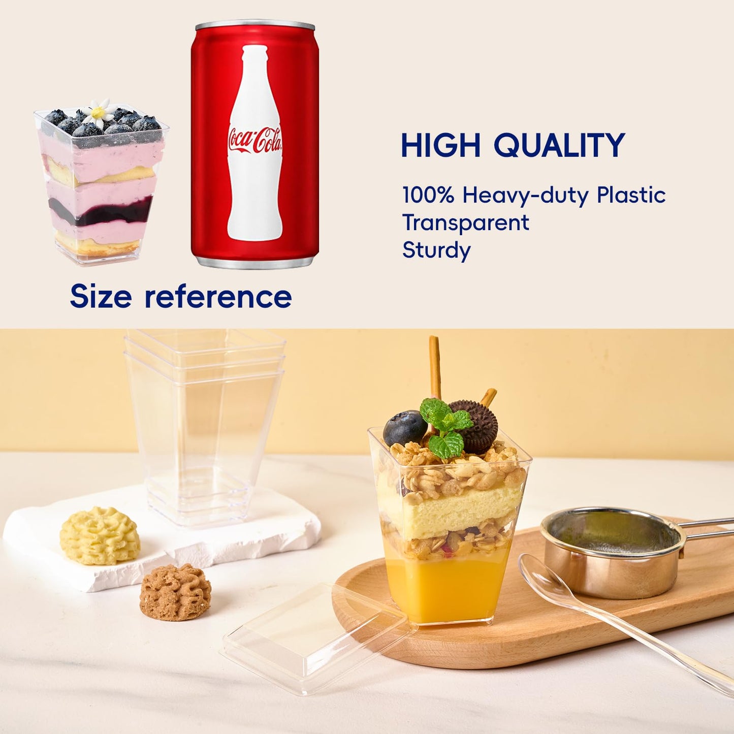 JOLLY CHEF 100 Pack 5 oz Plastic Dessert Cups with Lids and Spoons, Clear Appetizer Cups for Parties, Disposable Square Dessert Shooter for Pudding Fruit Ice Cream