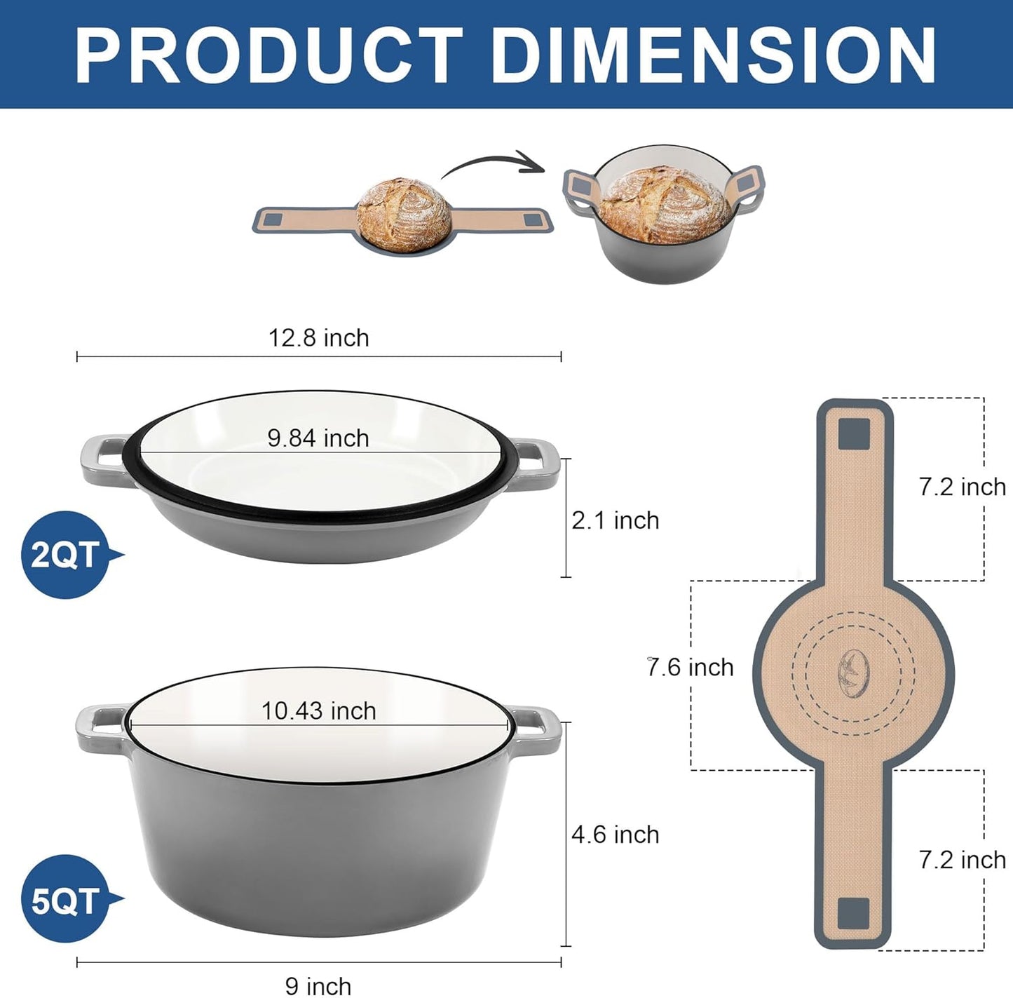 E-far 5 Quart Enameled Cast Iron Dutch Oven, 2 in 1 Dutch Oven Pot with Skillet Lid and Silicone Bread Sling, Ideal for Bread Baking, Cooking, Stewing, Frying, Induction & Oven Safe - Red