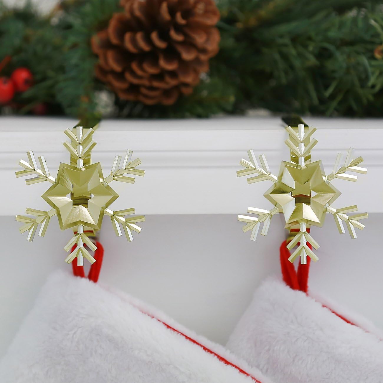 Gold MantleClip Stocking Holders Set - 4-Pack Removable ZINC Alloy Holiday Icons