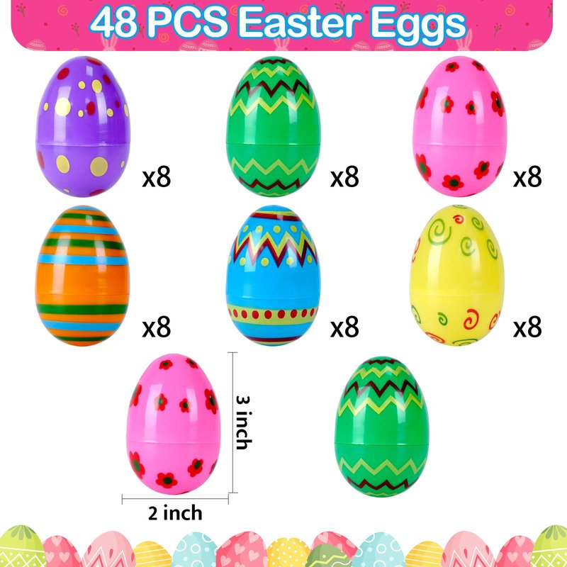 ZICZLI 48 PCS 3" Large Printed Plastic Easter Eggs, Empty Fillable Bright Colorful Eggs Bulk for Easter Egg Hunt Filling Treats Basket Stuffers Easter Party Favors