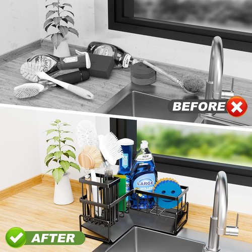 Fikoksol Kitchen Sink Sponge Holder - 90-Degree L-Shaped Caddy Organizer with Brush Holder | Metal Design