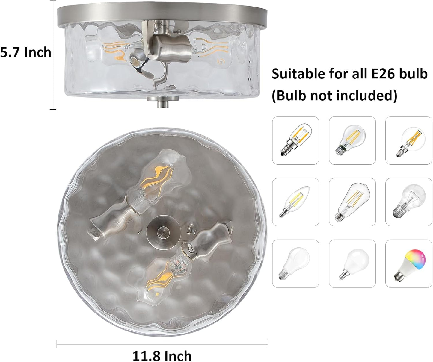 Hammered Glass Brushed Nickel Flush Mount Ceiling Light,2-Lights Modern Farmhouse Ceiling Lighting Fixture for Kitchen Hallway Bedroom,Indoor Antique Foyer Light