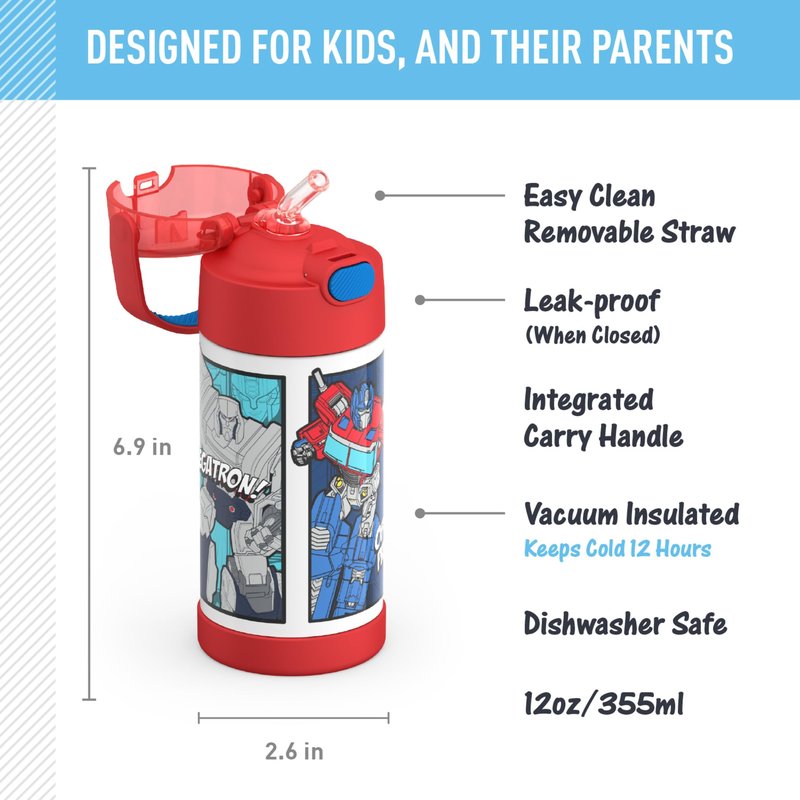 THERMOS FUNTAINER Water Bottle with Straw - 12 Ounce - Kids Stainless Steel Vacuum Insulated Water Bottle with Lid, Transformers