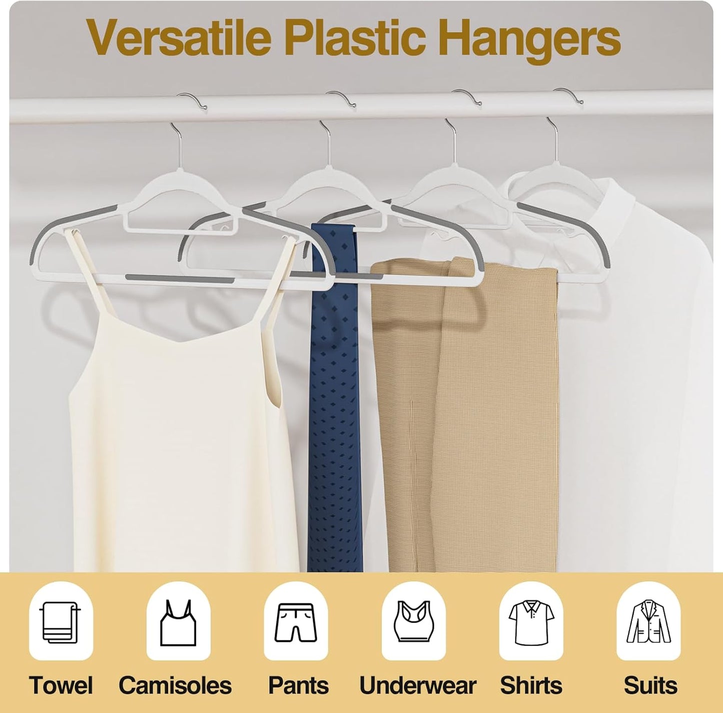 Plastic Hangers 50 Pack - Heavy Duty 16.5 in Non-Slip Clothes Hangers with 360° Swivel Hook | Space-Saving White & Dark Gray