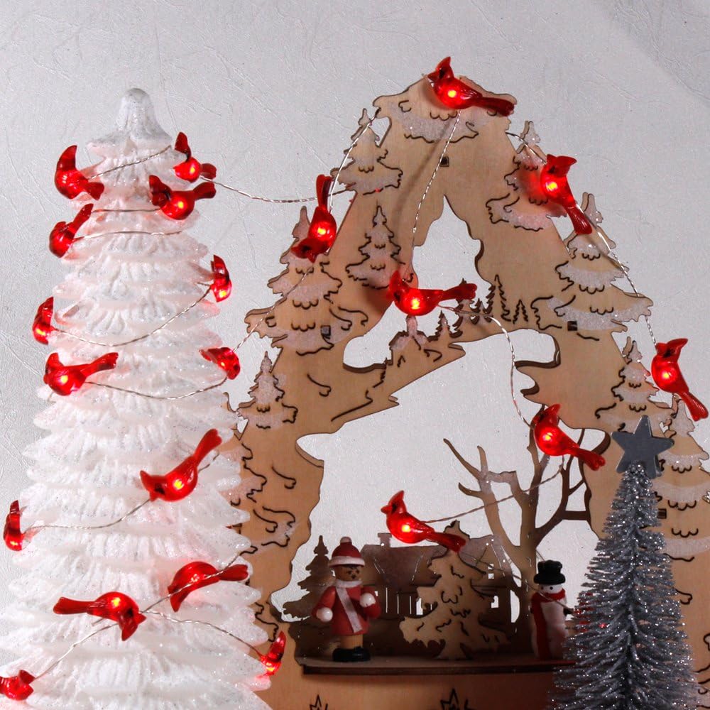 Battery Operated 10ft Christmas Tree Cardinal String Lights - 40 LED Red Snow Bird Ornaments with Remote Timer for Holiday Home Decor