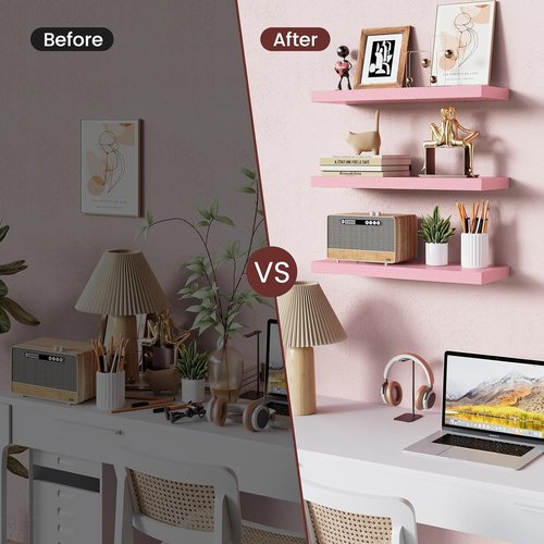 BAYKA Pink Floating Wall Shelves - Set of 3, 15.7in Wood Shelves for Stylish Home Organization