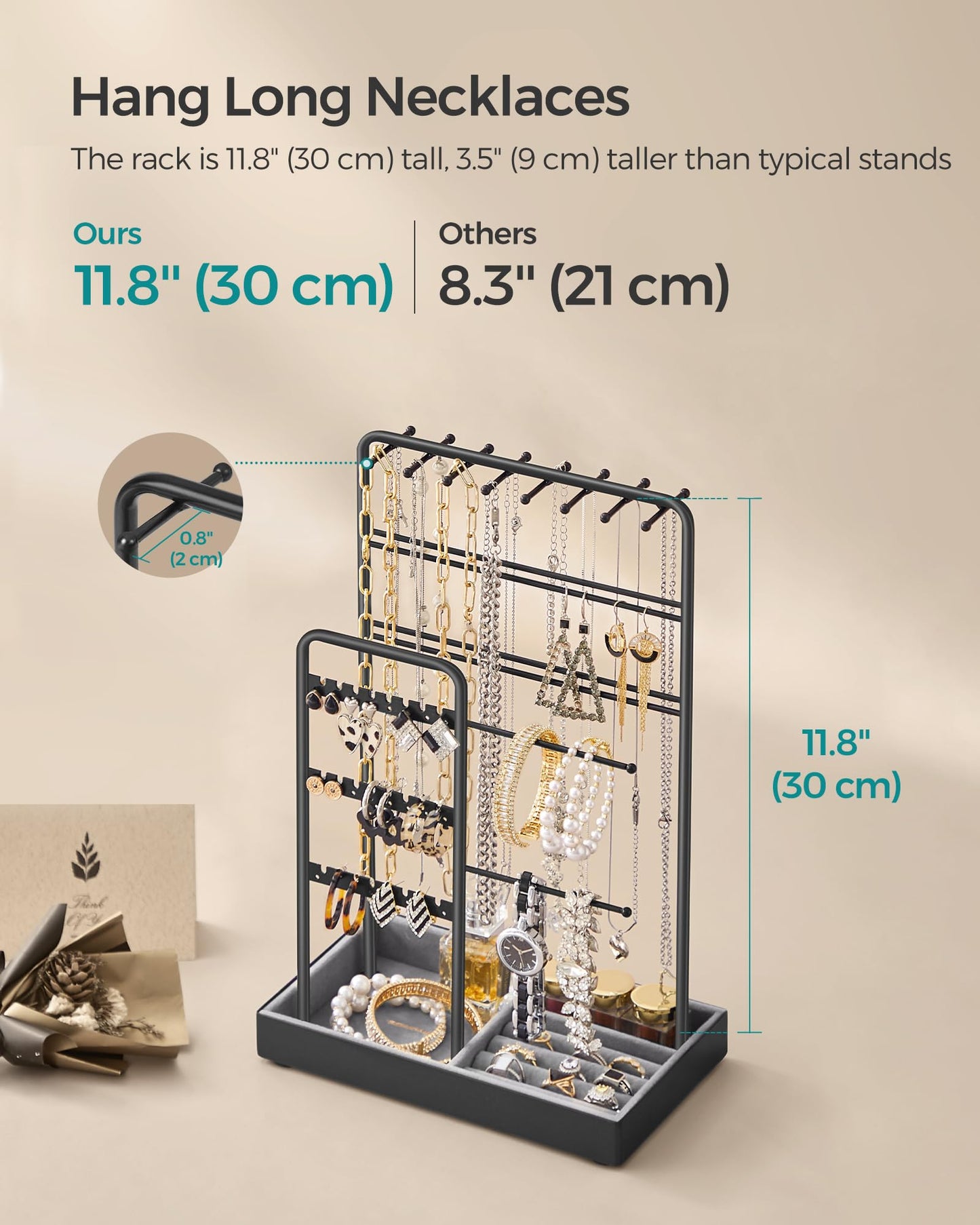 SONGMICS Jewelry Holder, Jewelry Organizer, Jewelry Display Stand with Metal Frame and Velvet Tray, Necklace Earring Bracelet Holder, for Studs, Rings, Gift Idea, Black UJJS021B01