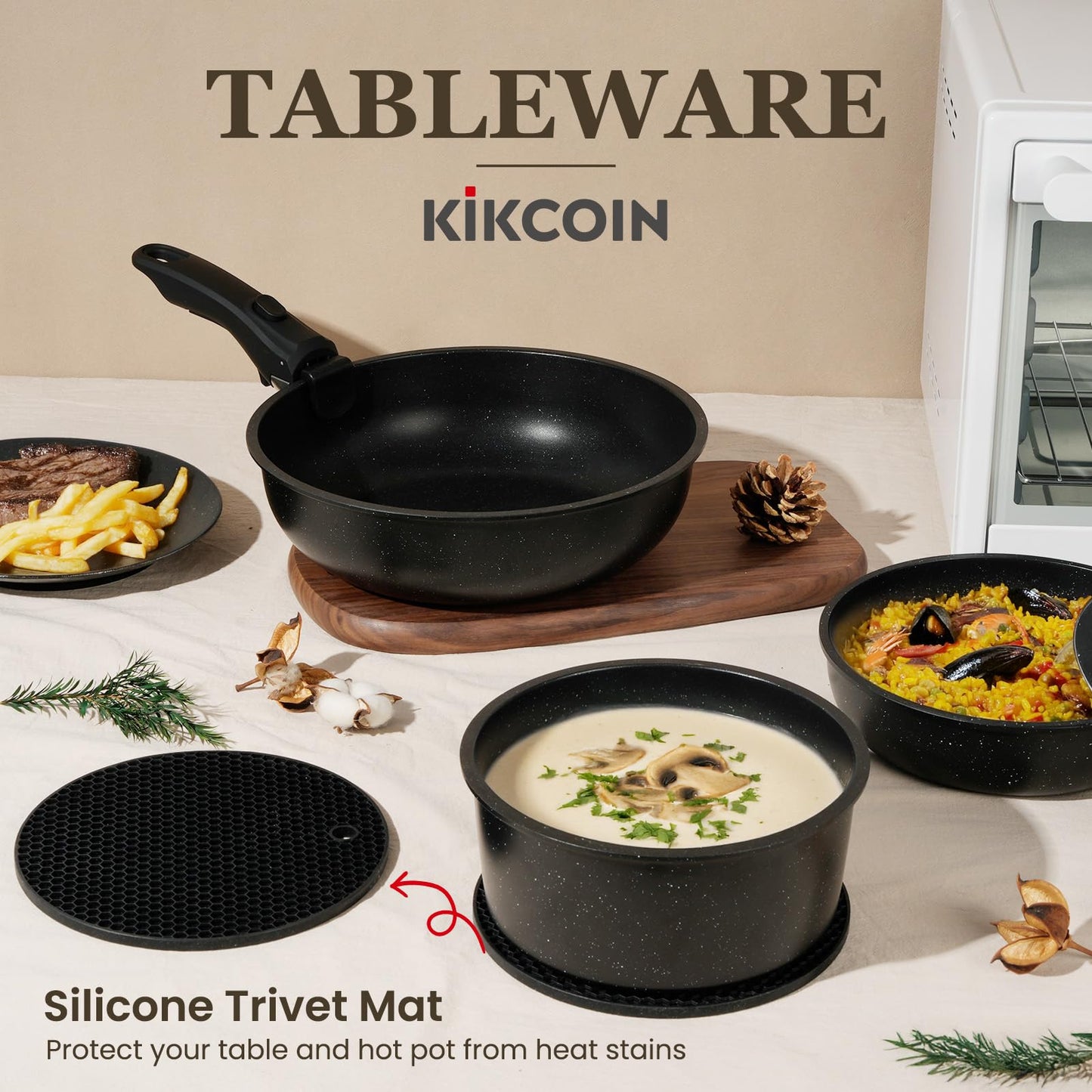 KIKCOIN Nonstick Pots and Pans Set 24 Pack - Kitchen Cookware Set with Detachable/Removable Handle - Cooking Pans Set with Frying Pans, Egg Pan - Stackable, Oven Safe, Induction Ready