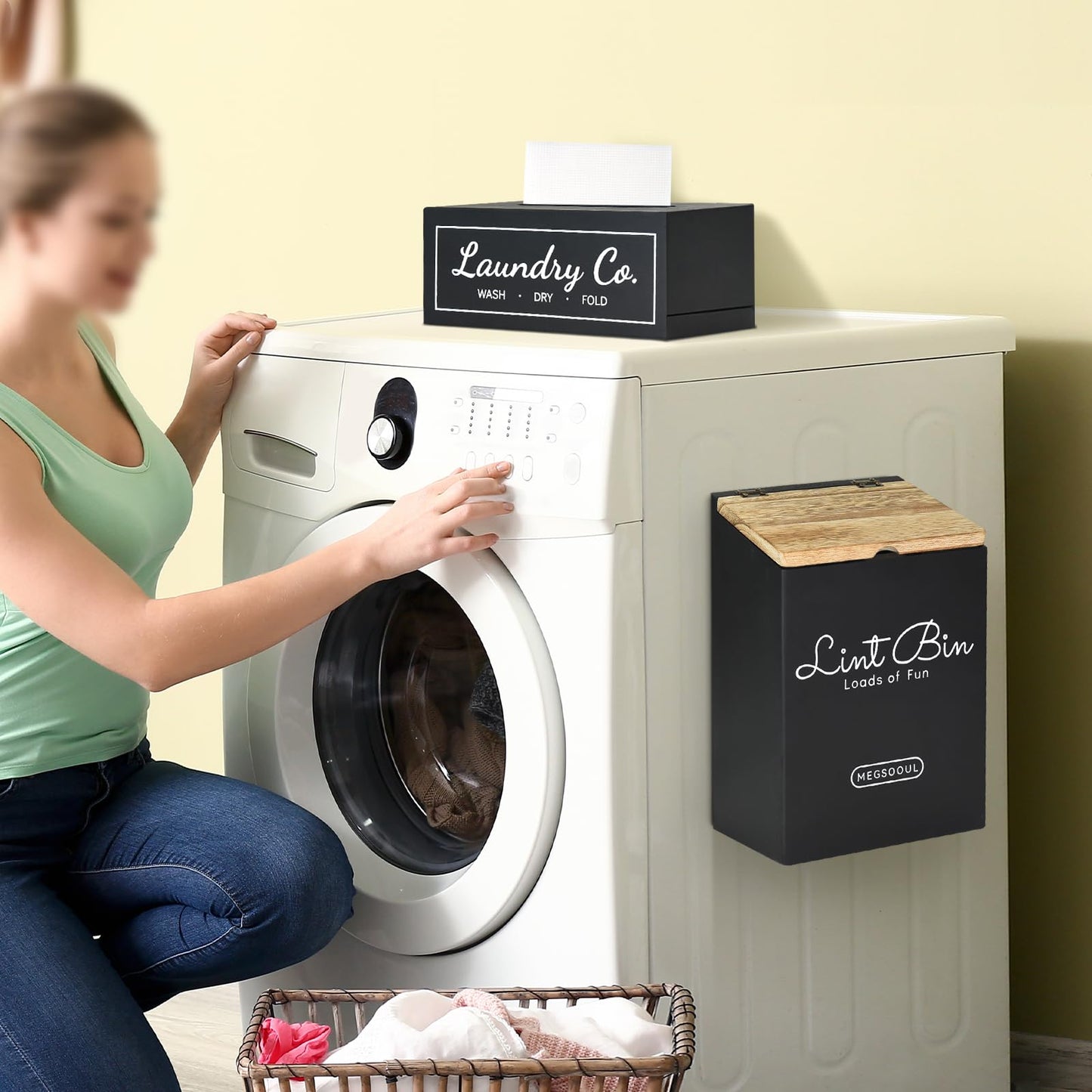 Megsooul Magnetic Lint Bin and Dryer Sheet Holder Set for Laundry Room, Farmhouse Wooden Lint Trash Can with Lid and Dryer Sheet Dispenser Box Magnetic for Mounting,Stylish Laundry Room Organization