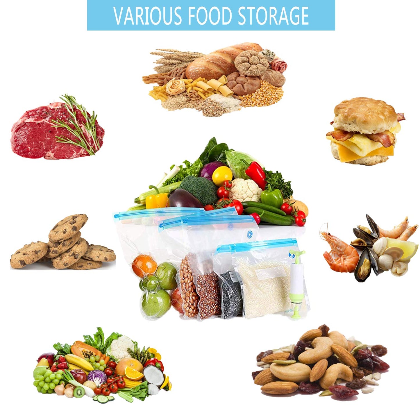 Sous Vide Bags 60pcs Reusable Vacuum Sealer Bags with 4 Sealing Clips, Reusable Vacuum bags for Food Storage and Sous Vide Cooking (8.2x8.7 Inch)
