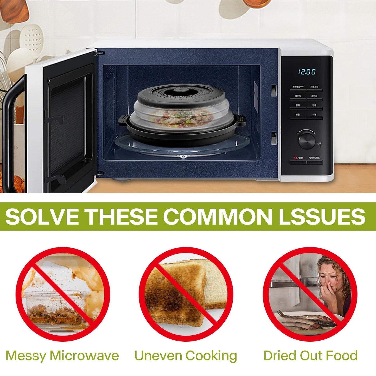 Microwave Splatter Cover for Food with Anti-scald Base Plate,Large Plastic & Silicone Vented Avoid Scalding Collapsible Guard Lid,Kitchen Essential Gadgets for Meal Prep-10.7 Inch (Black)