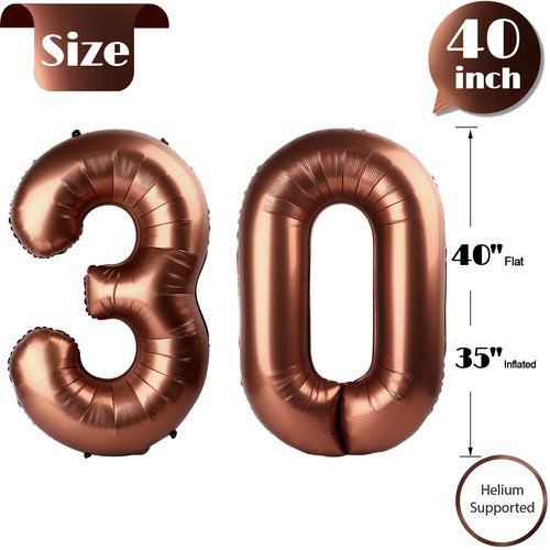 Dark Brown Number 30 Balloon 40 inch, Coffee Brown 30 Number Balloons, 30st Birthday Decorations, Chocolate 30 Year Old Women Men Party Supplies