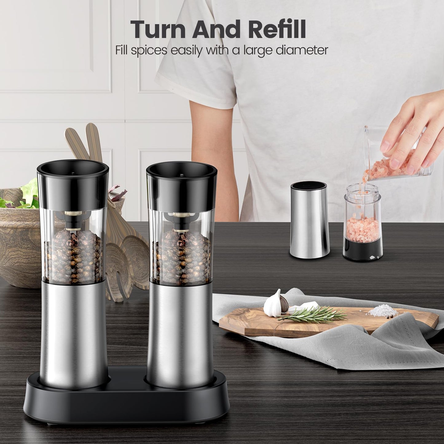 Electric Salt and Pepper Grinder Set — Gravity Rechargeable Salt Pepper Grinder with Charging Base and LED Light, Adjustable Coarseness, Large Capacity, One-handed Operation Salt Pepper Mills