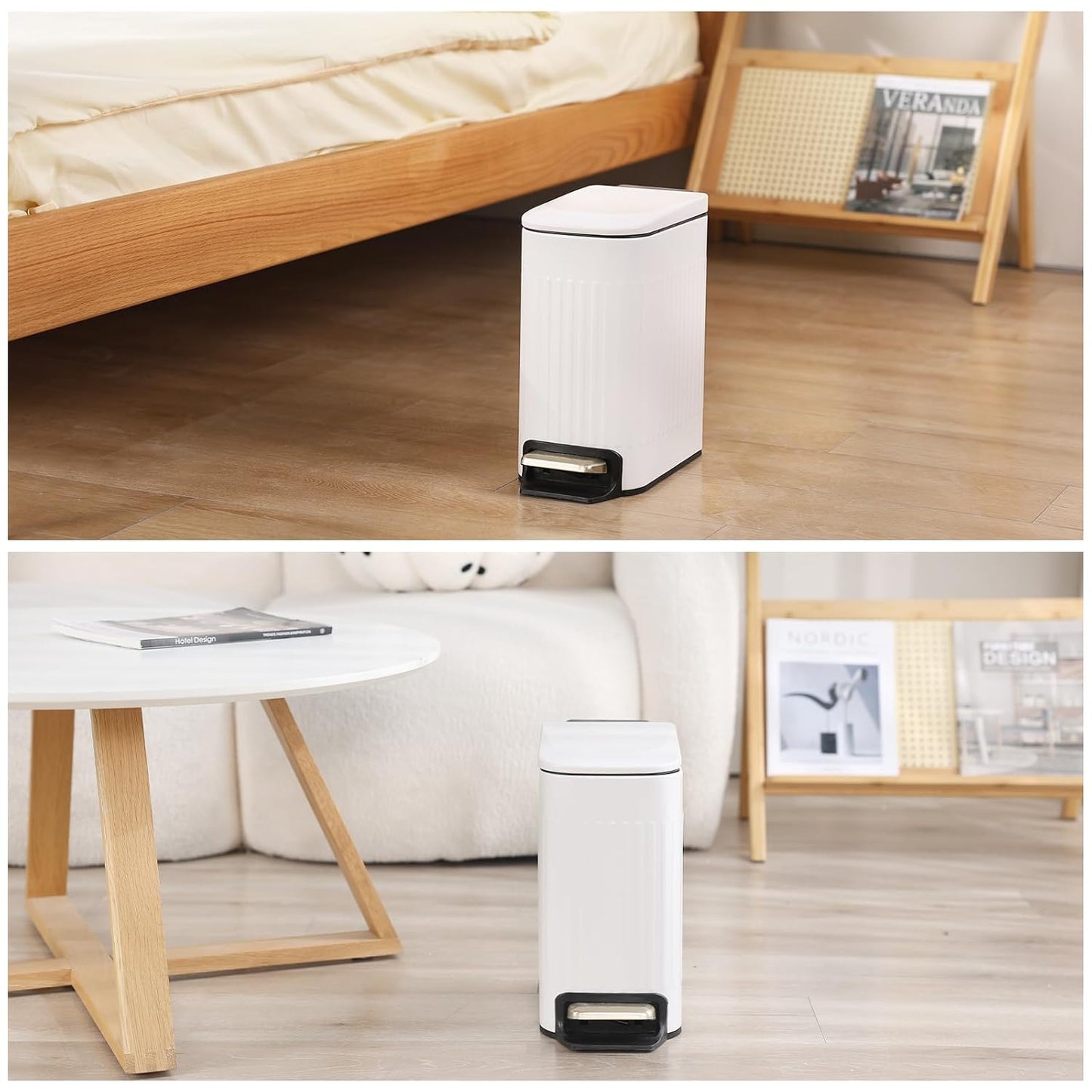 SYNCVIBE Slim Bathroom Trash Can - Soft Close Stainless Steel Step Bin with Removable Inner Bucket | Matt White, 1.8 Gallons