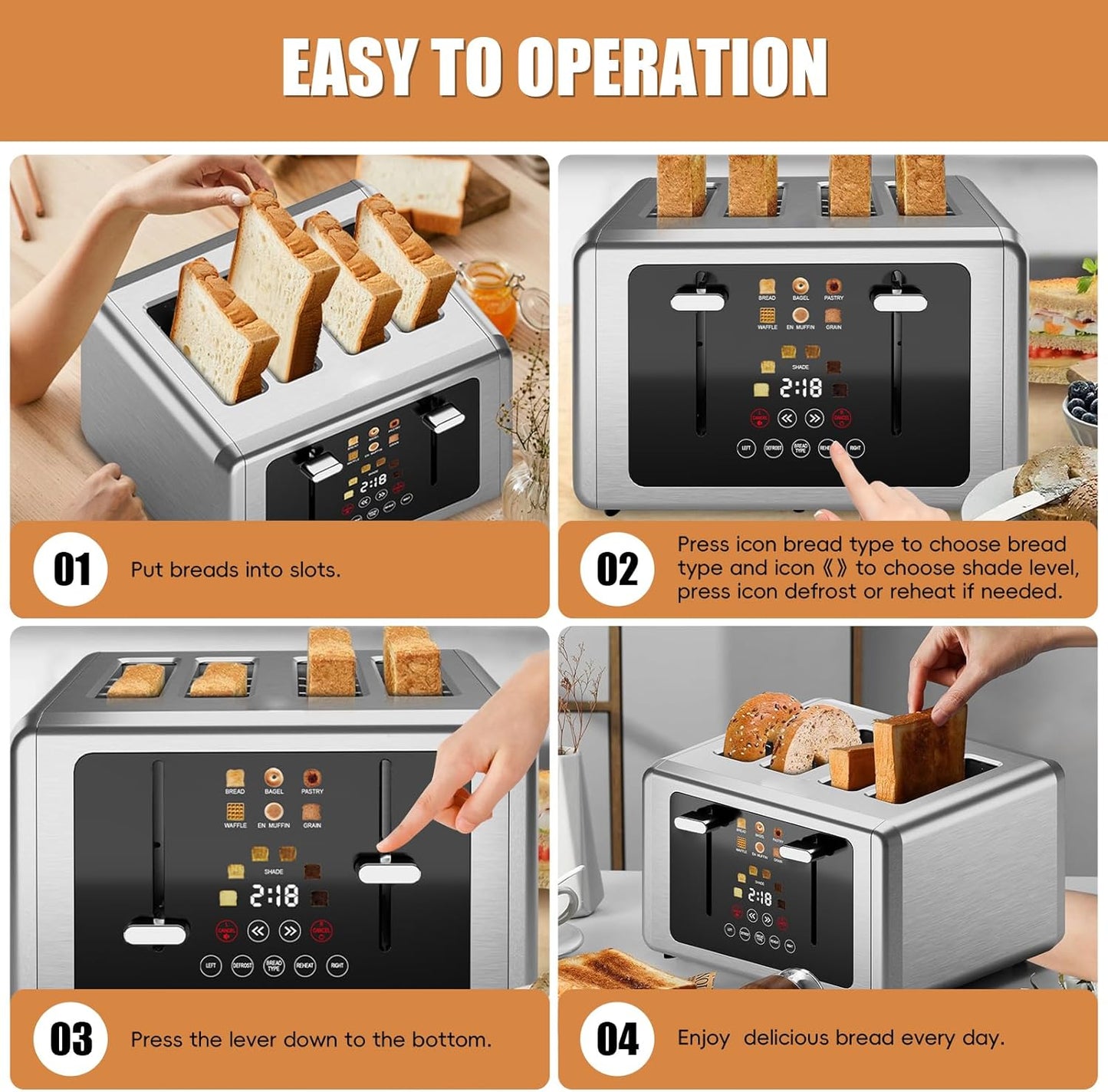 Skiennix 4-Slice Toaster - Touchscreen Control, 5 Functions & 6 Shade Settings | Stainless Steel Design