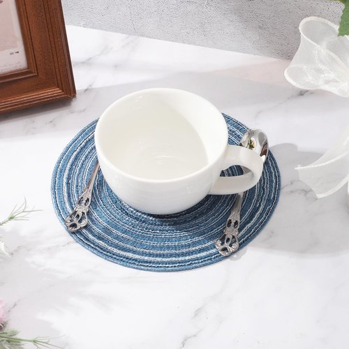 HARFINGTON 6pcs Round Braided Placemats 7" Non-Slip Round Table Mats for Dining Tables Washable Heat Insulation Woven Placemats Indoor Outdoor for Family Holiday Dinner, Tawny