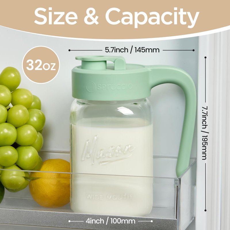 Spreccio 32 oz Glass Pitcher with Lid, 1 Quart Mason Jar Pitcher with Lid Airtight, Breast Milk Storage for Fridge, Ideal for Cold Brew Coffee, Iced Tea, Sun Tea, Juices