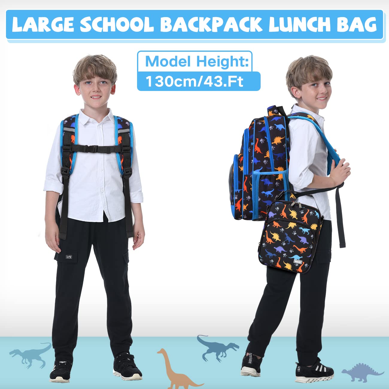 VASCHY Kids School Backpack Lunch Box Bag Pencil Case Combo, Children BookBag Schoolbag Set for Preschool/Kindergarten/Elementry School Supplies Boys Girls Black Dinosaurs