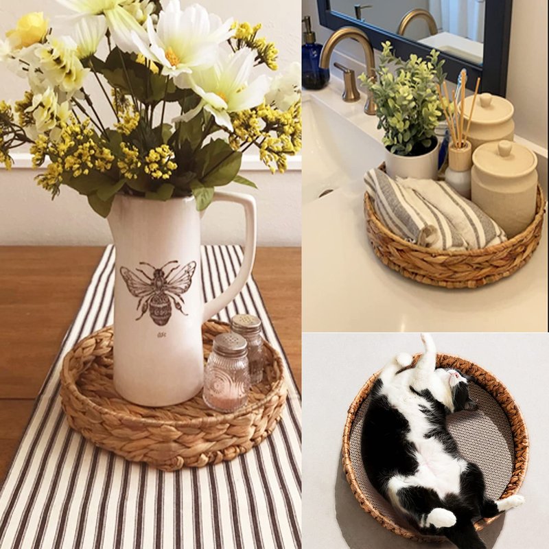 ZKZNsmart 2 Pcs Large Round Water Hyacinth Storage Baskets, Hand-Woven Natural Grass Weaving Trays with Built-in Handles, Wicker Serving Trays for Fruit, Arts, Crafts, and Home Decor (13" & 10.6")