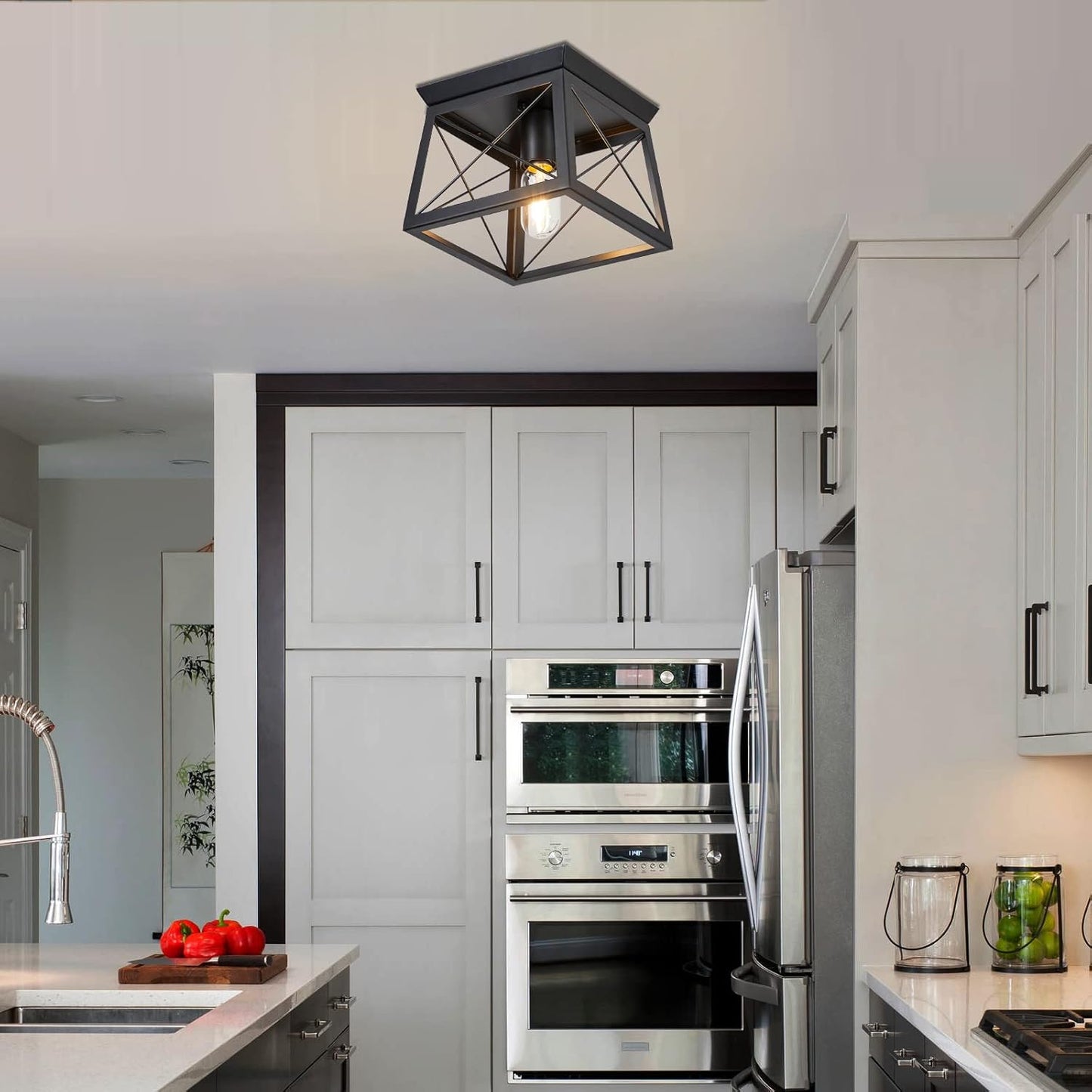 Farmhouse Flush Mount Ceiling Light Oak White Ceiling Light Fixtures 2-Light Industrial Vintage Metal-Framed Ceiling Lighting for Hallway Foyer Kitchen Dining Room Bedroom Living Room Laundry