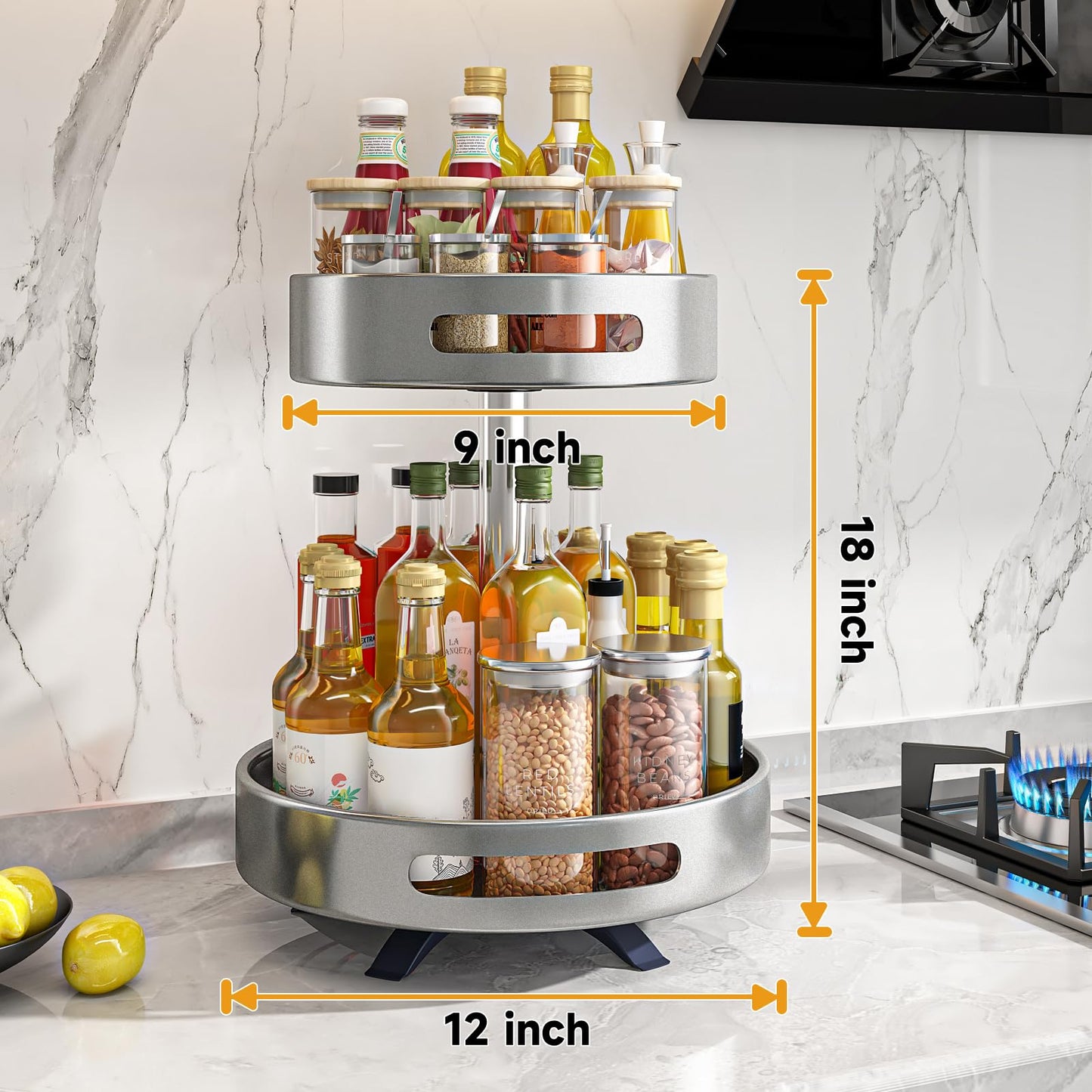 2 Tier Lazy Susan Organizer,Organizer Spice Rack for Kitchen Cabinet,Turntable Organizer for Cabinet Pantry Table Organization,12inch Silver
