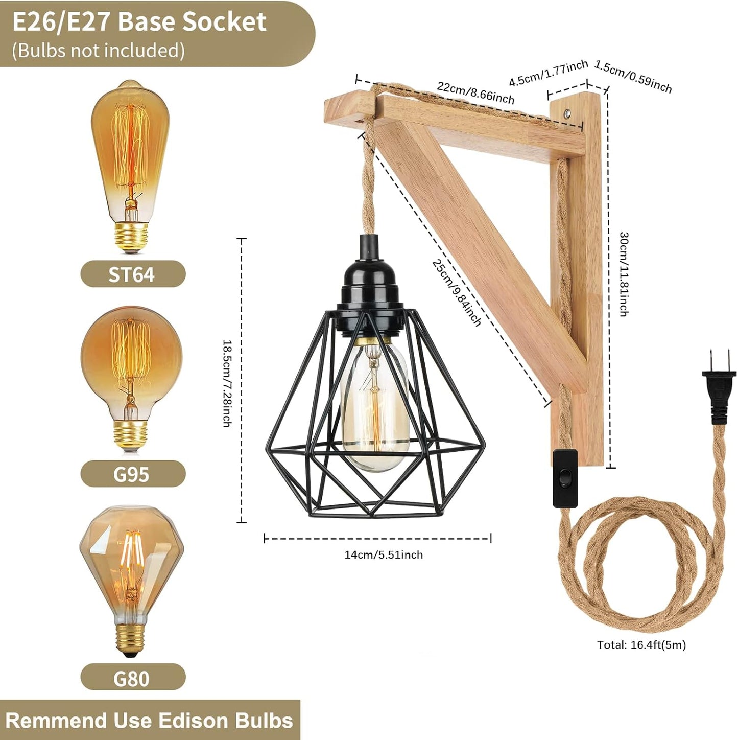 Frideko Wood Wall Sconces Set of Two Plug in, Rustic Wall Lamp with Plug in Cord, Farmhouse Wall Light Fixtures with 8.21FT On/Off Switch Cord, Indoor Sconces Wall Lighting for Bedroom Living Room