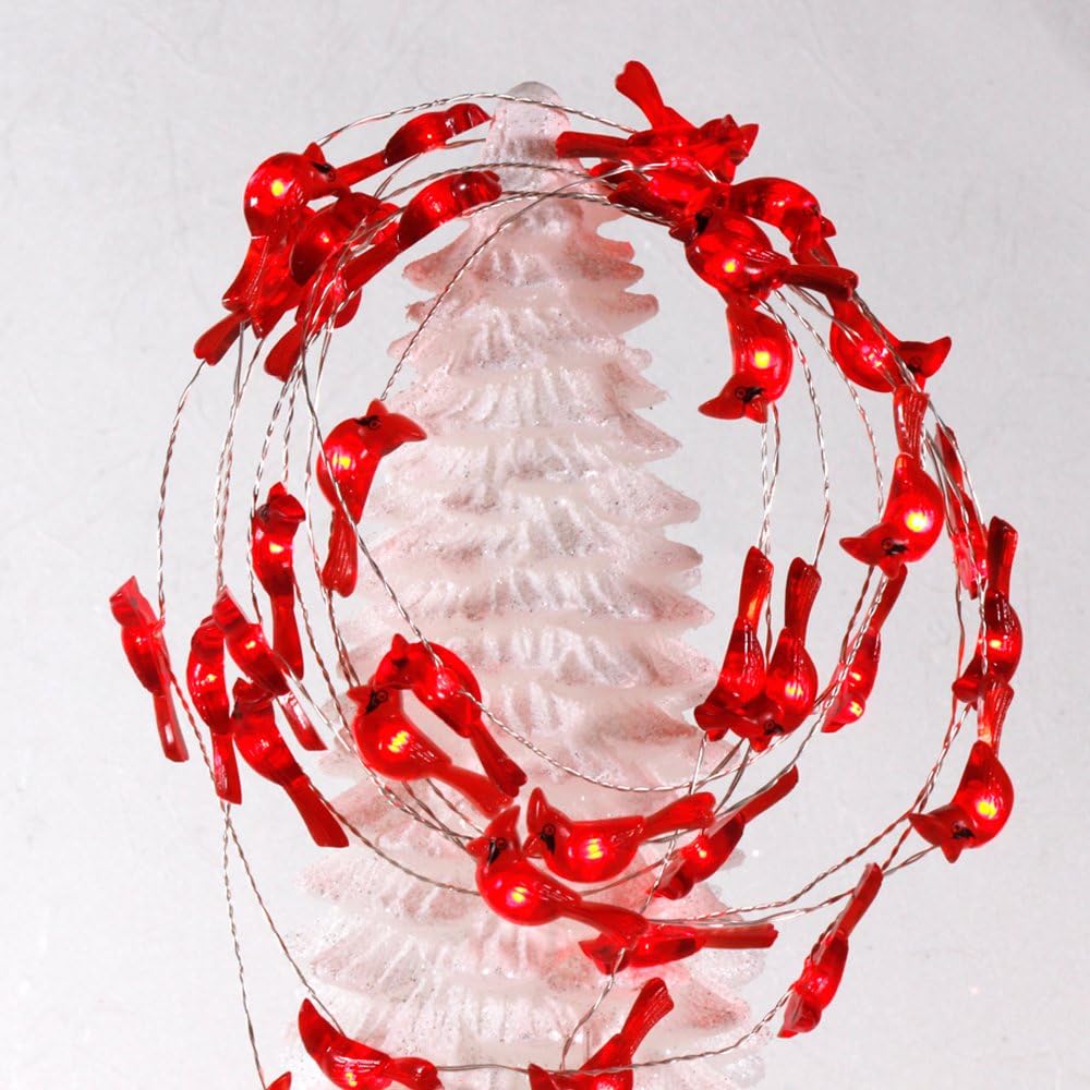 Battery Operated 10ft Christmas Tree Cardinal String Lights - 40 LED Red Snow Bird Ornaments with Remote Timer for Holiday Home Decor