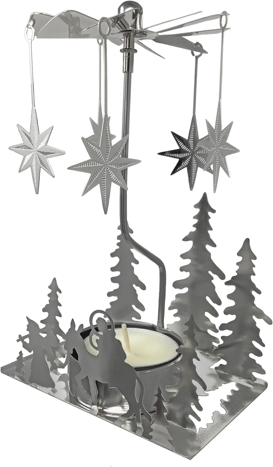 Nativity Candle Spinner - Laser Cut Silver Tea Light Holder with Nativity Scene & Moravian Stars - 5" H x 3.5" L