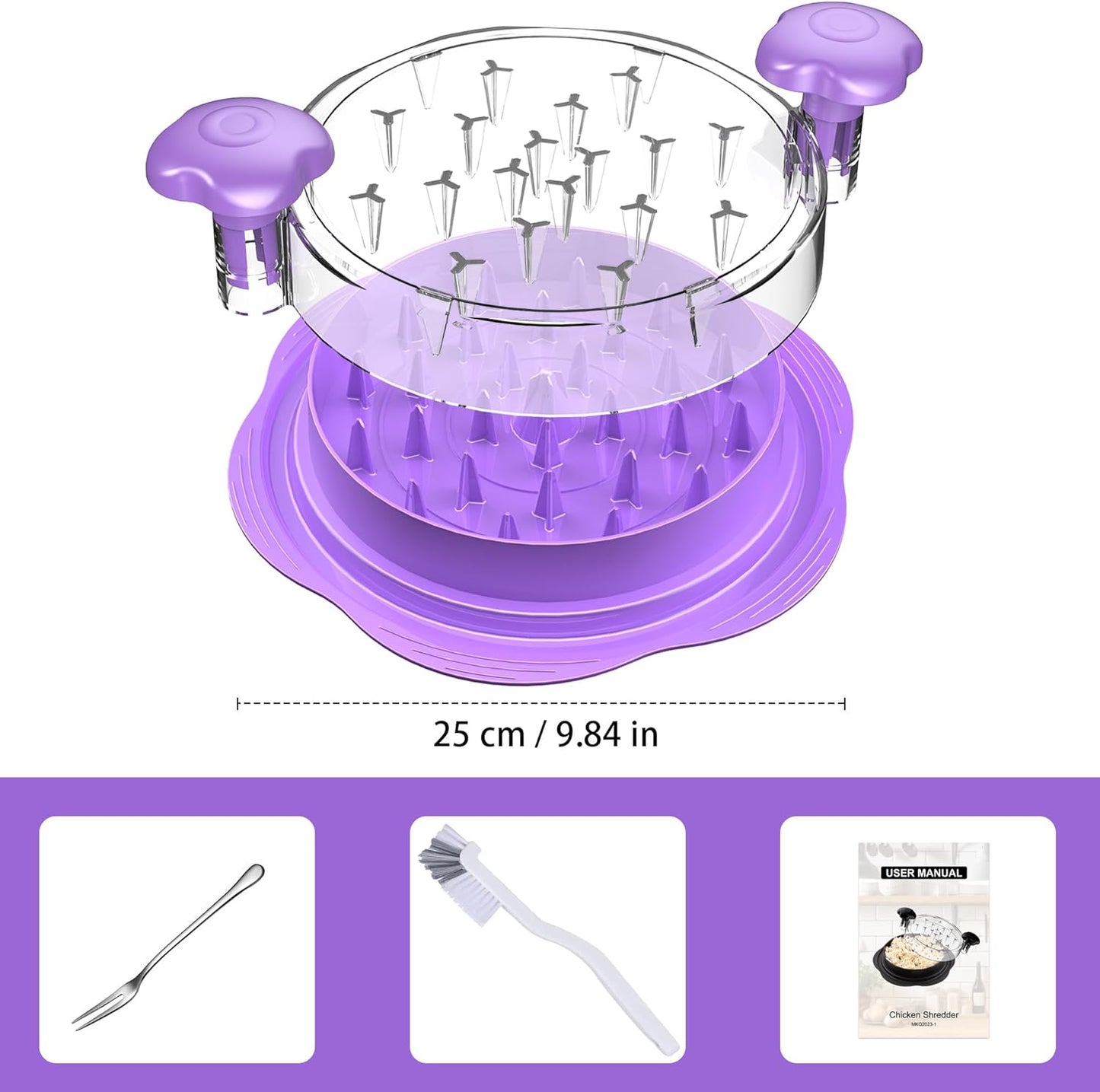 SURETIVIAN Chicken Shredder - Ergonomic Large Meat Shredder Tool with Brush & Fork | BPA-Free, Purple