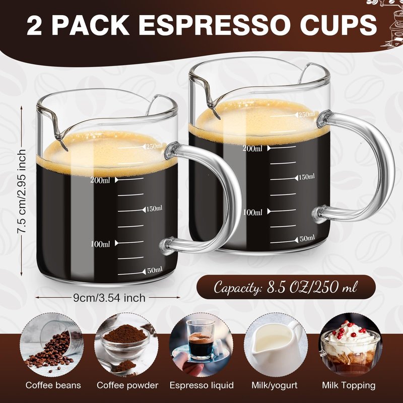 Patelai 2 Pcs 8oz Espresso Cups, Glass Measuring Cups with Double Spouts & Handle, Milk Frothed Cup Coffee Bars Accessories for Machine, Scale Glass Jars for Coffee, Water, Yogurt, Juice, Oil, 250ml
