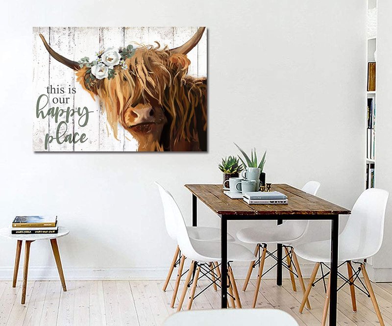 YPY Highland Cow Wall Art - This is Our Happy Place Inspirational Canvas Poster for Home - Long Haired Scottish Cow with White Flower Picture Farmhouse Kitchen Decor Framed (24"x36")