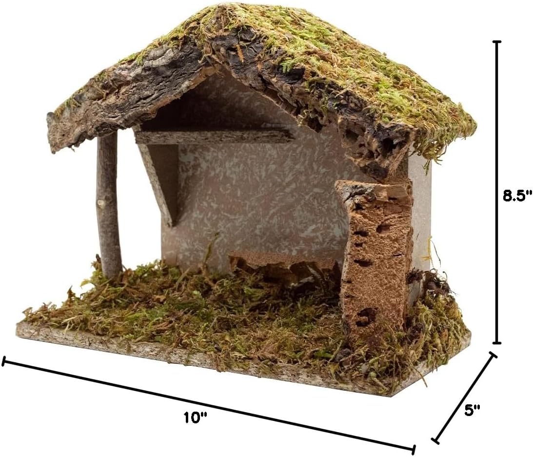 Village Gift Importers Nativity Creche Stable - 8.5" Tall, 10" Wide | Realistic Moss Roof & Floor | Holiday Home Décor Made in Italy
