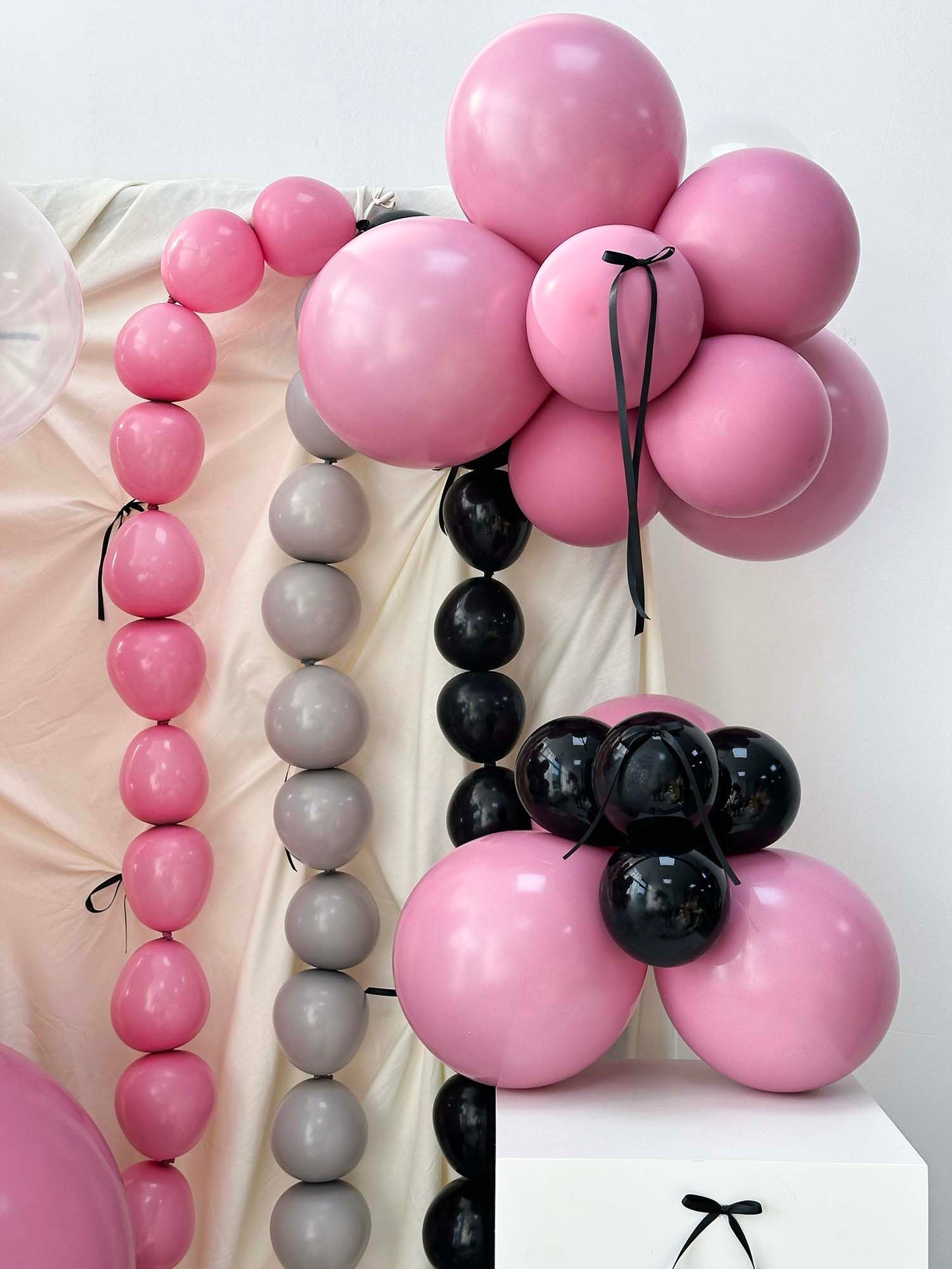 Mythlty 160pcs Pink and Black Balloons Arch Kit with Bows in Different Sizes 5" 10" 12" 18", Stuffed Ballons Pink Grey Balloons for Birthday Baby Shower Bat Mitzvah Bachelorette Parties Decorations