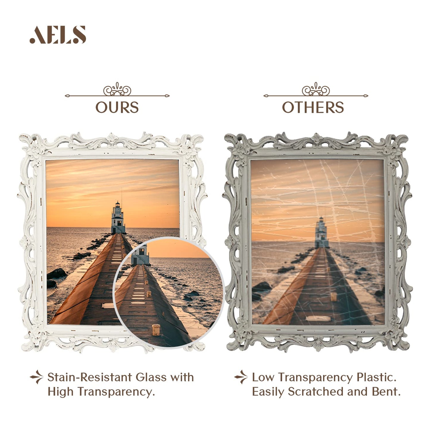 AELS 8x10 Inch Vintage Picture Frame, Elegant Antique Photo Frames with Glass Front, Photo Display, Tabletop Wall Hanging, Gift Ideas, White Waves