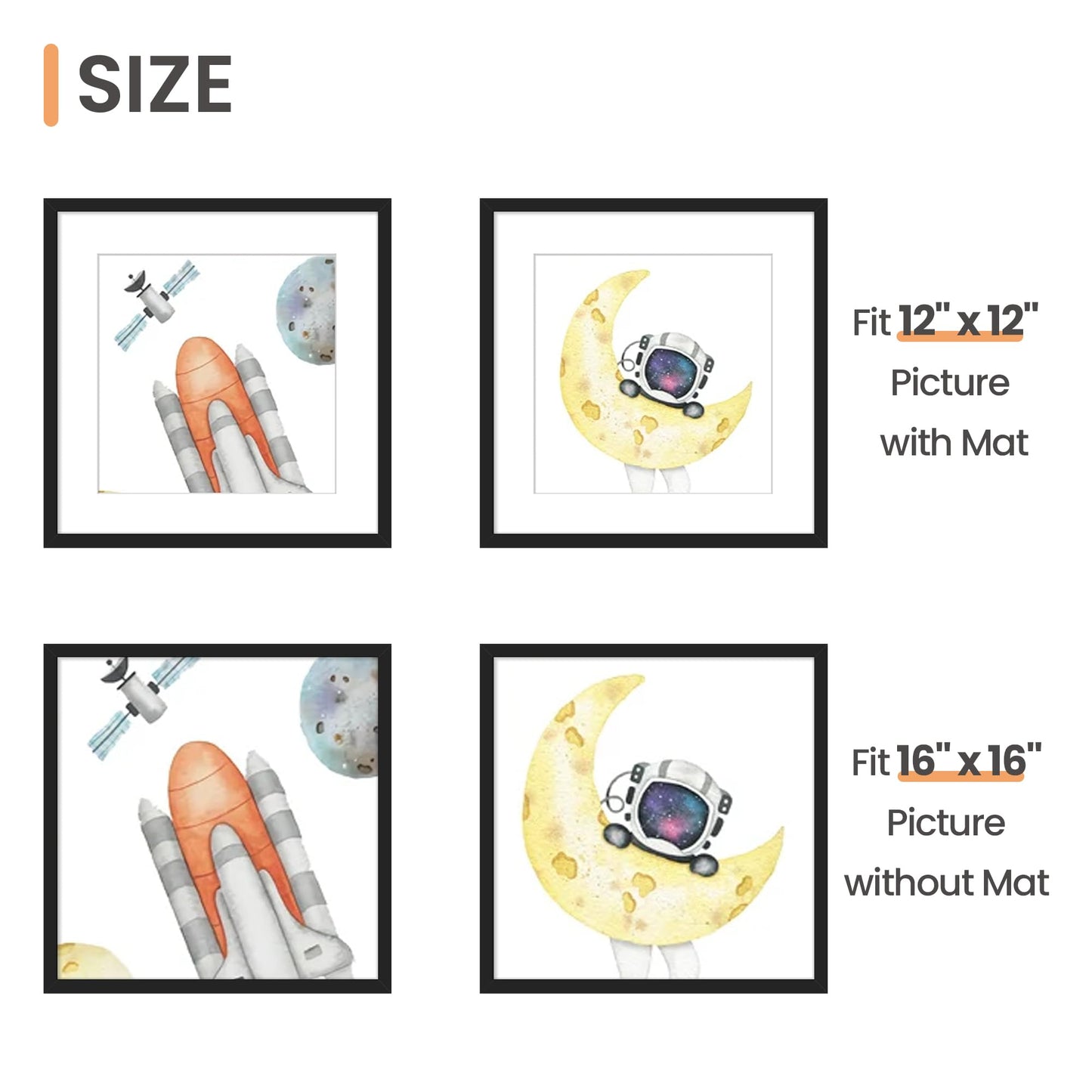 upsimples 16x16 Picture Frame Set of 3, Made of High Definition Glass for 12x12 with Mat or 16x16 Without Mat, Wall and Tabletop Display Photo Frames, Black