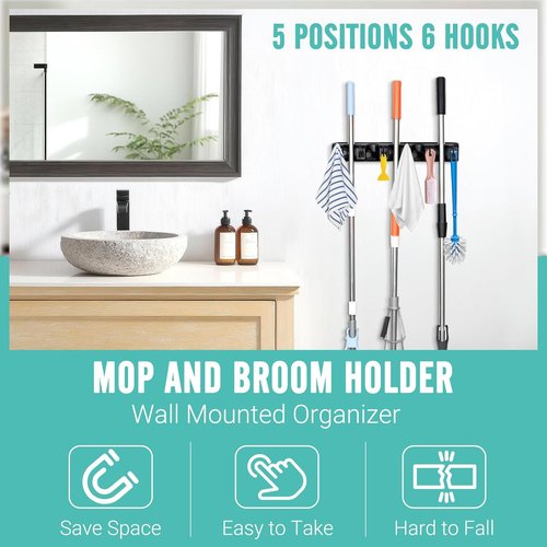 InPoTo Broom and Mop Holder - Wall Mounted Organizer with 5 Ball Slots & 6 Hooks | 2-Pack