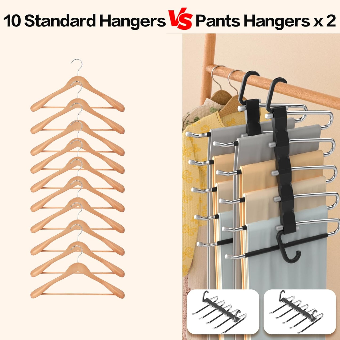Skiennix Pants Hangers - Space-Saving Closet Organizer | 2-Pack Stainless Steel Anti-Slip Jean Hangers, Black