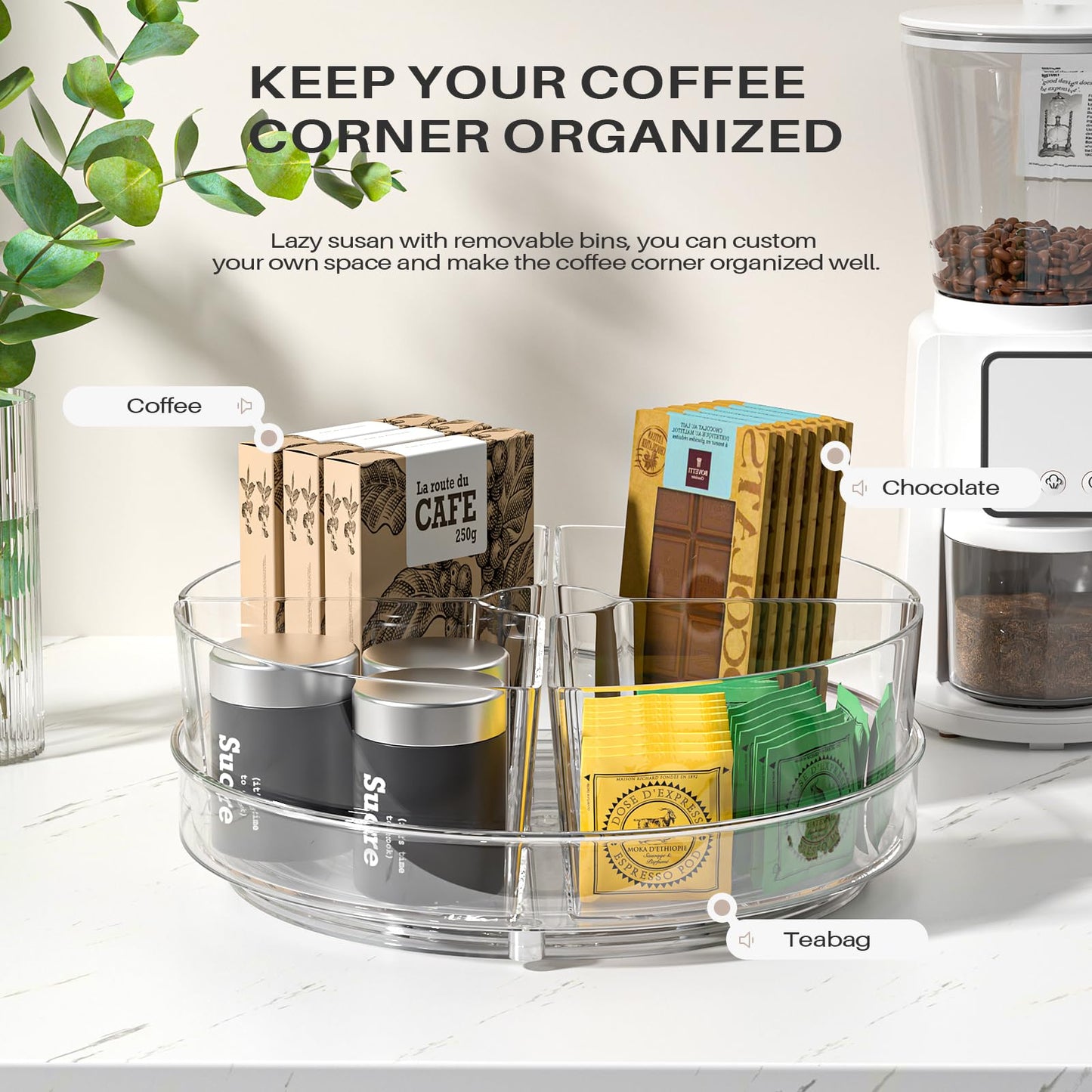 Slow Slog 2 Pack Lazy Susan Organizer, 9 inch Rotating Storage Organizer with 4 Removable Bins, Lazy Susan Turntable Organizer for Fridge, Kitchen, Vanity, Cabinet