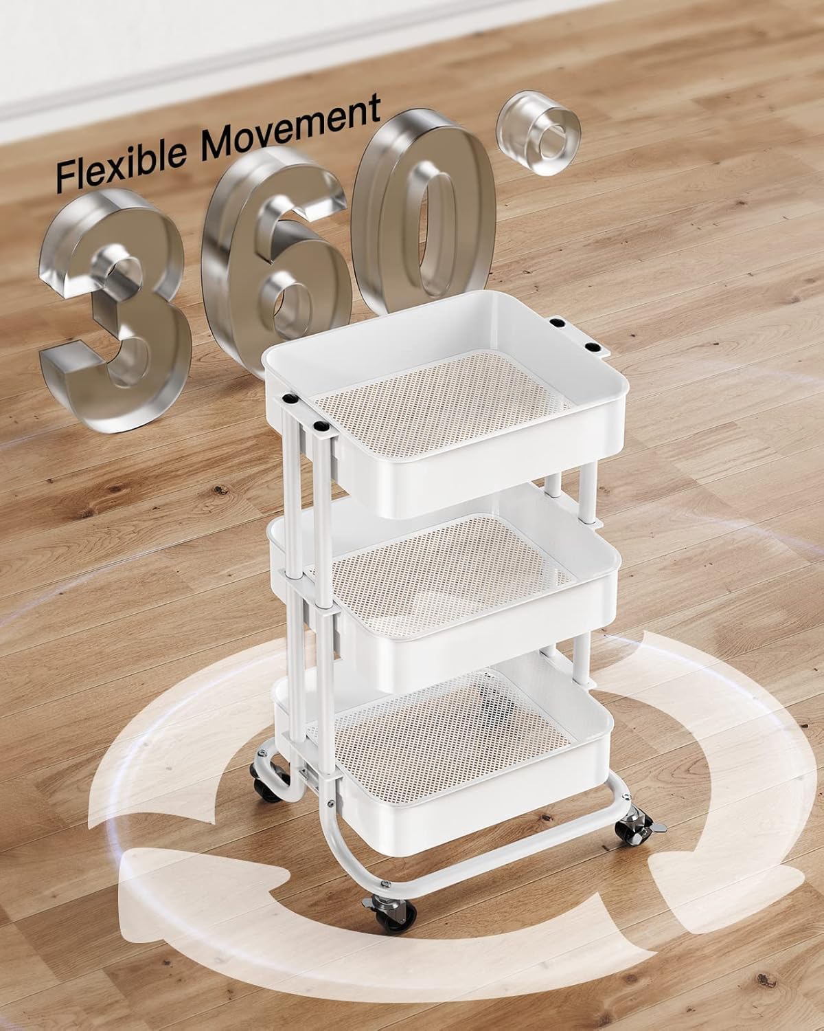 Pipishell 3-Tier Metal Rolling Utility Cart - Heavy-Duty Storage with Lockable Wheels | White