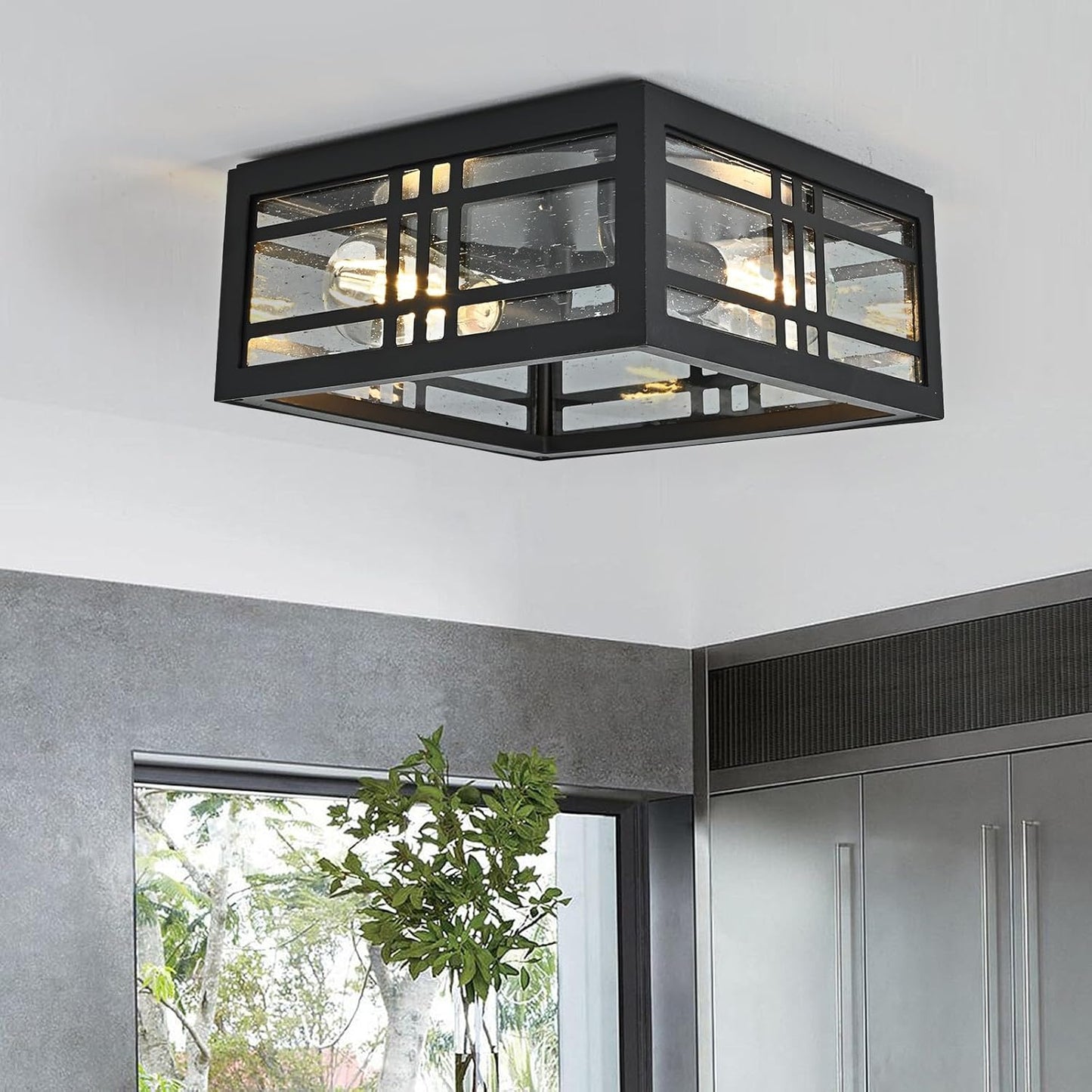 Farmhouse Ceiling Light Fixture Black 2-Light with Clear Glass, Square Flush Mount Ceiling Light for Hallway Kitchen Bedroom Porch