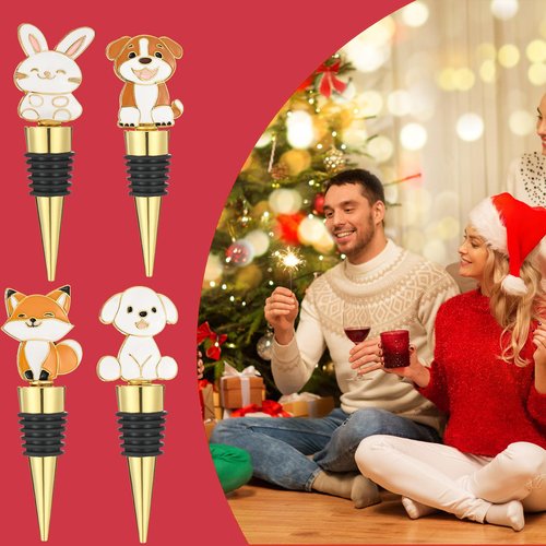 Christmas Wine Bottle Stopper,4 Pieces Christmas Dog Rabbit Fox Decorative Xmas Wine Bottle Stopper,Metal Reusable Christmas Bottle Stoppers for Wine, Champagne and Beer Collection (Animal)