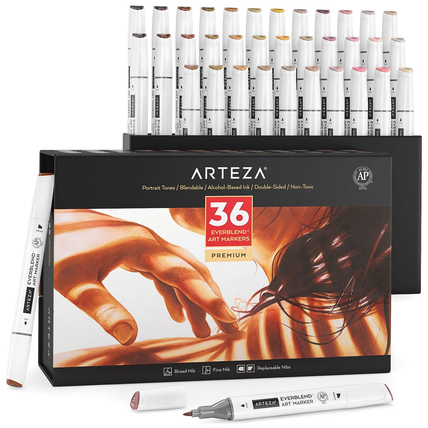 ARTEZA Alcohol Markers Set of 36 Colors Portrait & Skin Tone Dual Tip Markers with Organizer Box, Medium Chisel and Fine Nib