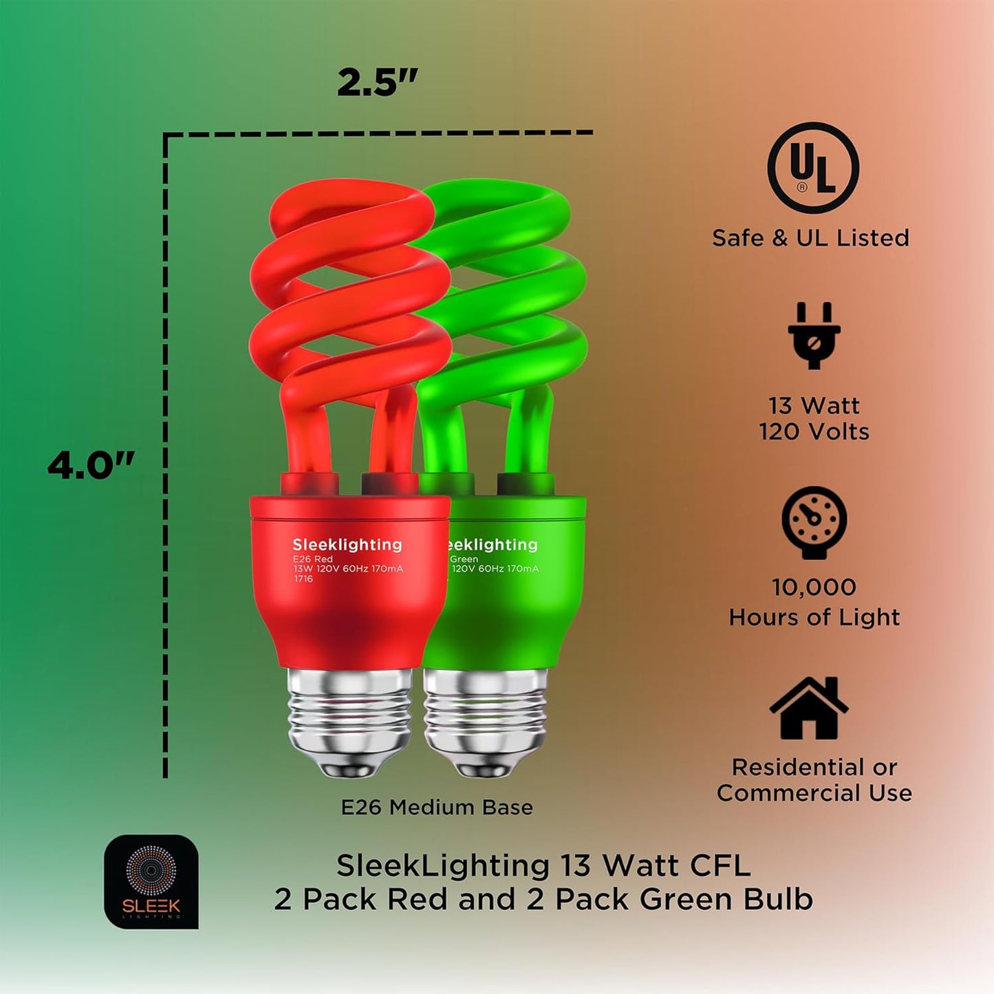 13W Orange Spiral CFL Light Bulb - UL Approved, E26 Medium Base, Pack of 4