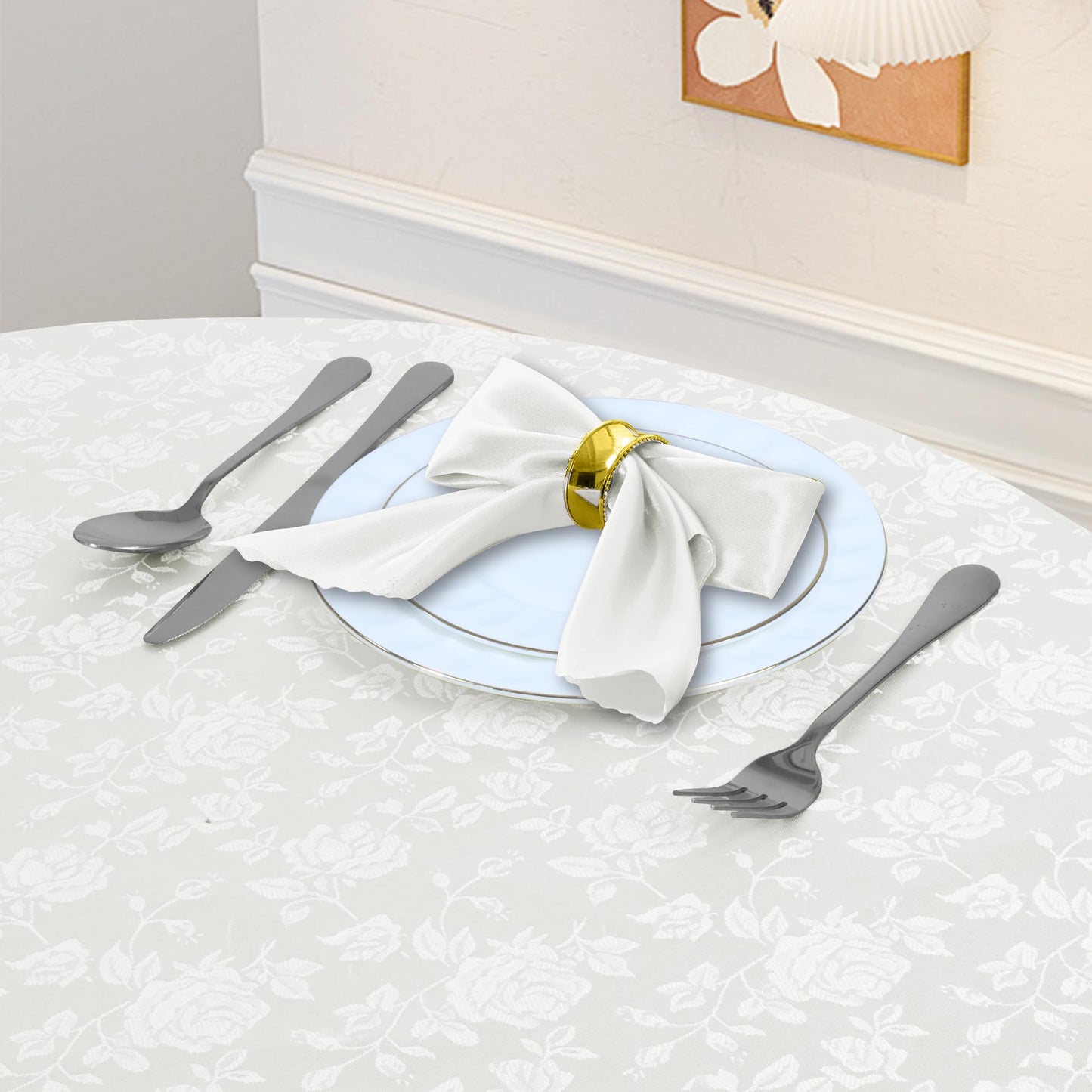 Cobedzy White 60" Round Satin Tablecloth, Jacquard Stain Resistant Table Cloths Wrinkle Free Tablecloth, Silkly Soft Table Cover for Dining Room/Party/Wedding/Banquet/Events