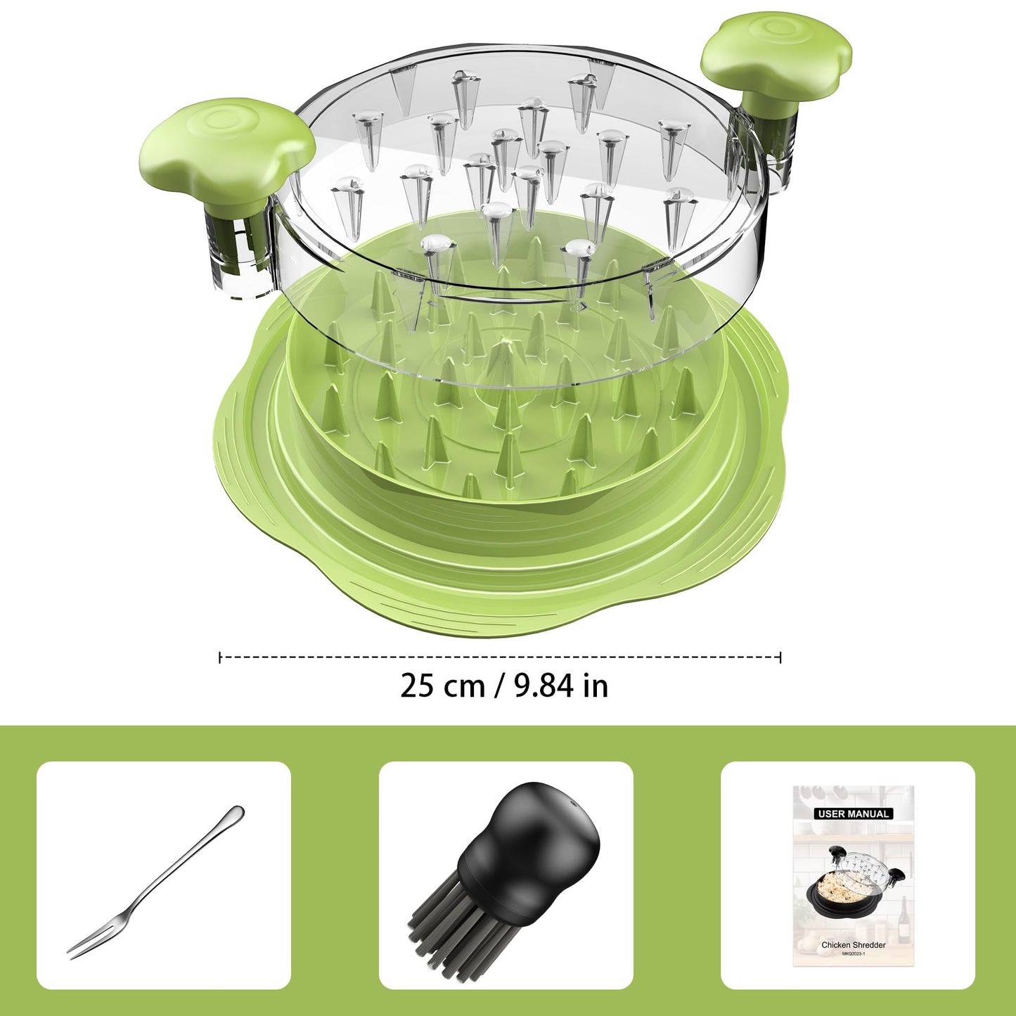 SURETIVIAN Chicken Shredder Large Chicken Breast Shredder Tool Twist with Brush&Fork, Visible Meat Shredder Machine, Anti-Slip Strip, Ergonomic Handle, BPA Free, Pork Beef Chicken(Matcha)