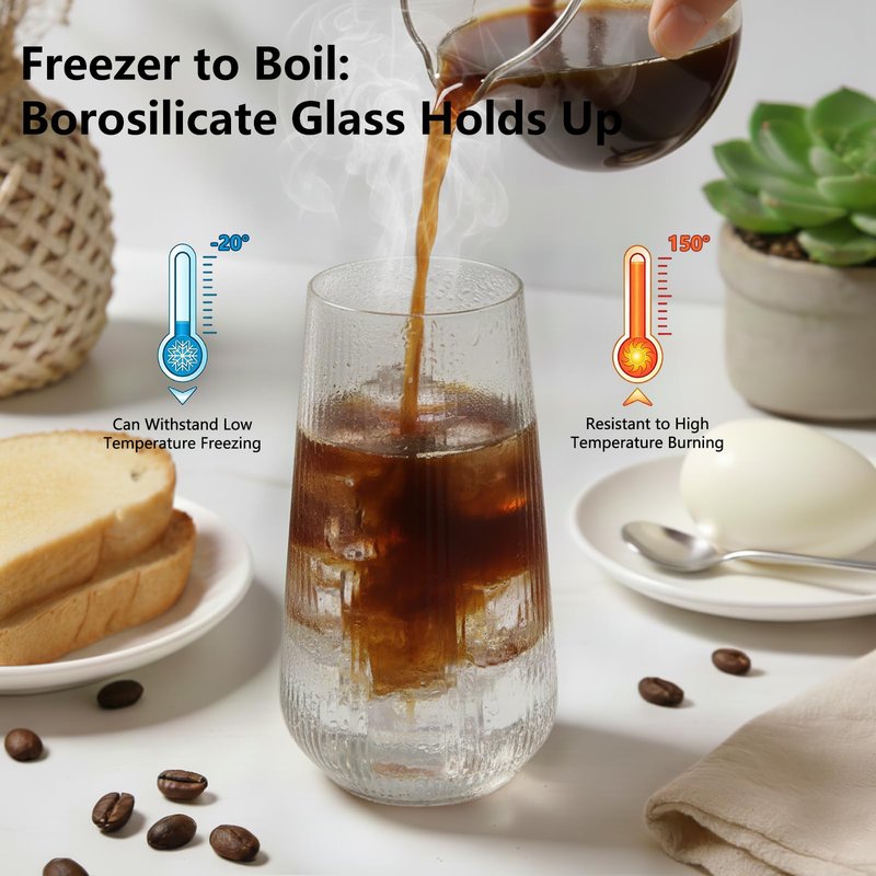 Ruckae Borosilicate Glass Cups with Lids and Straws,16oz Reusable Iced Coffee Cup with Lid Glass Cups 6 Pack for Coffee Bar Accessories,Smoothie,Juice,Durable Clear Tumbler Cups for Home,Office,Travel