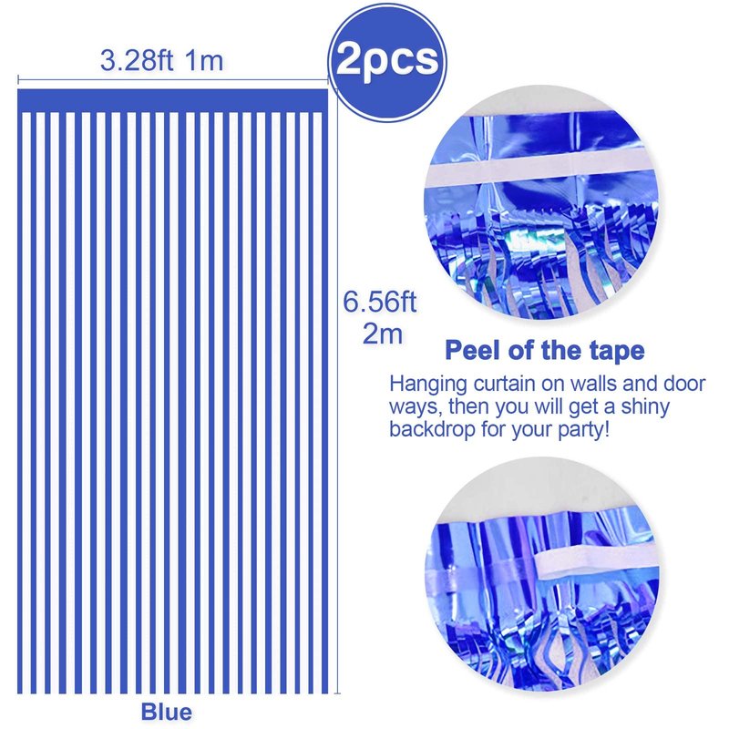 2 Pcs Blue Metallic Tinsel Foil Fringe Curtains Backdrop, 3.28 ft x 6.56 ft Streamers for Birthday Gender Reveal Wedding Photo Booth Bachelorette Party Bridal Shower Baby Shower Decorations Supplies